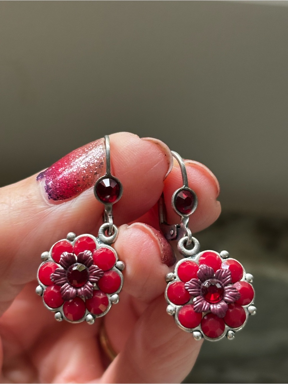 Vintage Michal Negrin Red Floral Crystal Dangle Leverback Earrings
